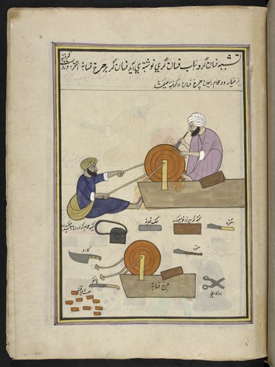 Knivslipere,  86 tegninger bundet inn i et bind som viser handel og yrker i Kashmir, håndverkere vises i arbeid med redskaper og utstyr,  Av en Kashmir-kunstner, sannsynligvis i Srinagar, ca. 1850-60 (gouache på papir) av Indian School