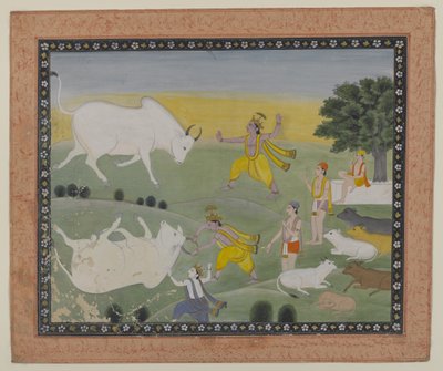 Krishna Defeating the Bull Demon (akvarell på papir) av Indian School