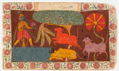 Krishna og kyr ved en dam, fra en Bhagavata Purana (ugjennomsiktig wc på papir) av Indian School