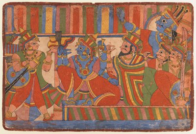 Krishna gir råd til Pandava-lederne, ca. 1830-50 (ugjennomsiktig wc på papir) av Indian School