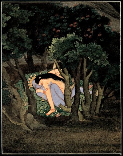 Krishna enlace par Radha (Krishna omfavnet av Radha) - indisk kunst, gouache på papir, rundt 1775 av Indian School