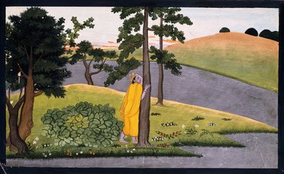 Krishna lener seg mot et tre og venter på Radha, ca. 1780 av Indian School