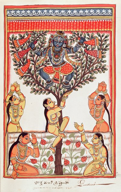 Krishna stjeler klærne til Gopi som svømmer i elven Yamuna (wc på papir) av Indian School