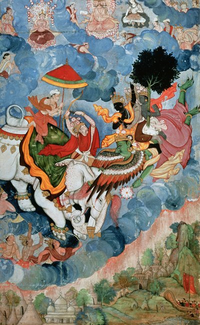 Krishnas kamp med Indra, ca. 1590 av Indian School