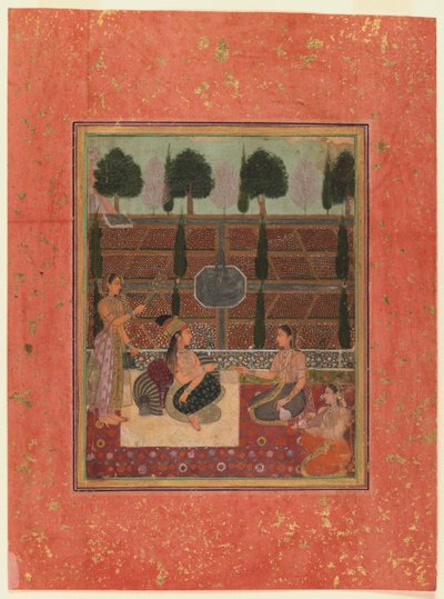 Damer på en terrasse, Mughal Style, ca. 1700-10 (wc på gullflekket papir) av Indian School