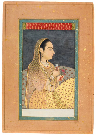 Lady Holding a Cup and a Flower, tidlig på 1700-tallet (wc med gull og sølv på papir) av Indian School