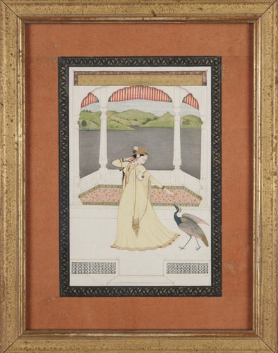 Dame som lokker en påfugl med en perlestreng, ca. 1800 (gouache og gull på papir) av Indian School