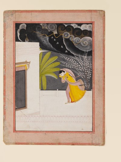 Dame på en terrasse som søker ly fra regnet, tidlig på 1800-tallet (gouache med gull på papir) av Indian School