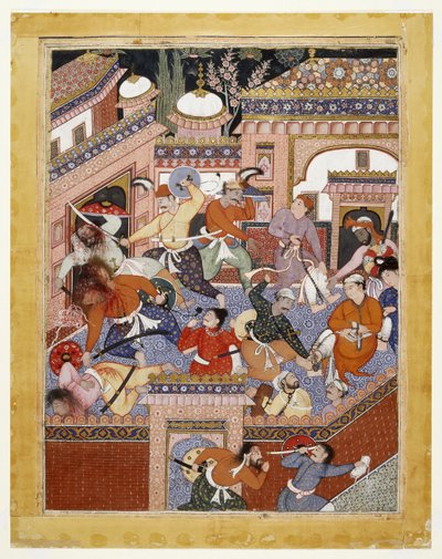 Ledet av Songhur Balkhi og Lulu spionen, skar Ayyarene strupen på fengselsvaktene og Free Said Farrukh-Nizhad, 1557 - 1572 (ugjennomsiktig akvarell og gull på bomullstøy) av Indian School