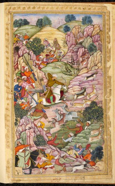Keiser Babur jakter, mellom Ali Shang og Alangar, i regionen Kabul (Afghanistan). Miniatyr fra det persiske manuskriptet Vaqi at i Baburi, Memoirs of Mughal Emperor Babur (Zahir ud din Muhammad) (1483-1530), India, ca. 1590. Den britiske vekten av Indian School