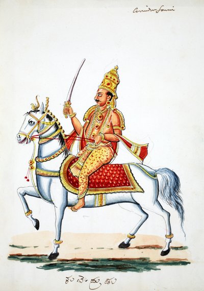 Lord Kalki på hesten sin Devadatta med sverdet i hånden (wc på papir) av Indian School