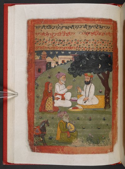 MS Panj B 40, f.28v, Guru Nanak med Mata Tripta og Mehta Kalu når han kommer tilbake fra sin 