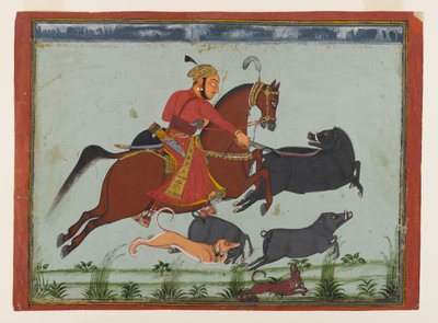 Maharaja Pratap Singh II av Mewar Hunting Boar, ca. 1750-75 (akvarell, gull og sølv på papir) av Indian School