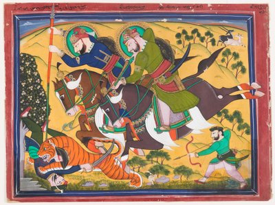 Maharaja Ram Singh jakter på en tiger, andre kvartal av 1800-tallet (akvarell på papir) av Indian School