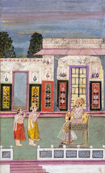 Maharaja Sawai Jai Singh møtt av to kronede menn, ca. 1735 (ugjennomsiktig wc og gull på papir) av Indian School