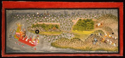 Maharana Jagat Singh II hawking og villsvinjakt, ca. 1740 (ugjennomsiktig m/c, sølv og gull på papir, montert på en albumside) av Indian School