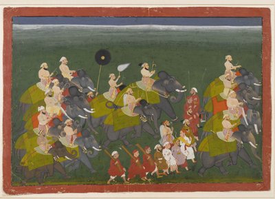 Maharana Sangram Singh fra Mewar rir i en elefantprosesjon, Udaipur, Rajasthan, ca. 1730-40 (ugjennomsiktig wc og gull på papir) av Indian School