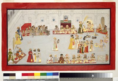 Maharana Sangram Singh with His Children and Courtiers, ca. 1715 (ugjennomsiktig wc og gull på papir, montert på en albumside) av Indian School