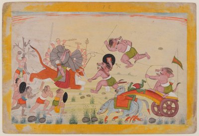 Mahasura angriper Devi, folio fra en spredt Devi Mahatmya-serie, ca. 1770-80 (wc på papir) av Indian School