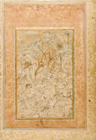 Majnun i villmarken, ca. 1595 (ugjennomsiktig wc og gull på papir) av Indian School
