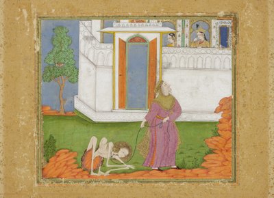 Majnun er redusert til en abjekt tilstand, ca. 1700 (ugjennomsiktig wc og gull på papir) av Indian School