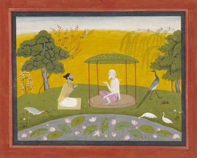 Markandeya refererer Jaimuni til de fire vise fuglene, ca. 1800-20 (ugjennomsiktig wc på papir, forhøyet med gull) av Indian School