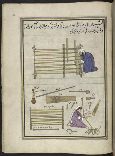 Mattemaker og kona hans lager matter av delt siv,  86 tegninger bundet inn i et bind som viser handel og yrker i Kashmir, håndverkere vises i arbeid med redskaper og utstyr,  Av en Kashmir-kunstner, sannsynligvis i Srinagar, ca. 1850-60 (gouac av Indian School