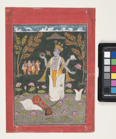 Matsya Avatar Of Vishnu: The Slaying Of Sankh Asura (gouache og bladgull på papir) av Indian School