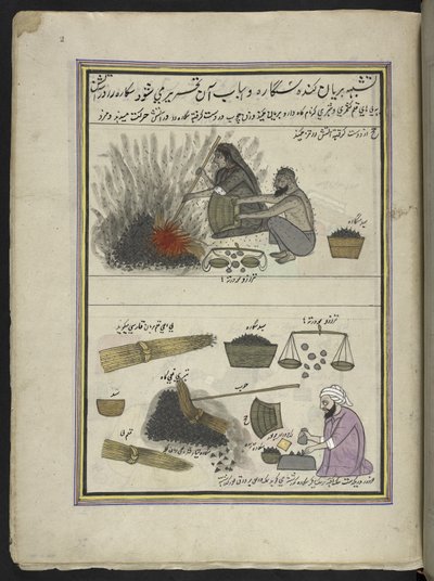 Menn og kvinner som steker vannkastanjer,  86 tegninger bundet inn i et bind som viser handel og yrker i Kashmir, håndverkere vises i arbeid med redskaper og utstyr,  Av en Kashmir-kunstner, sannsynligvis i Srinagar, ca. 1850-60 (gouache på papir av Indian School