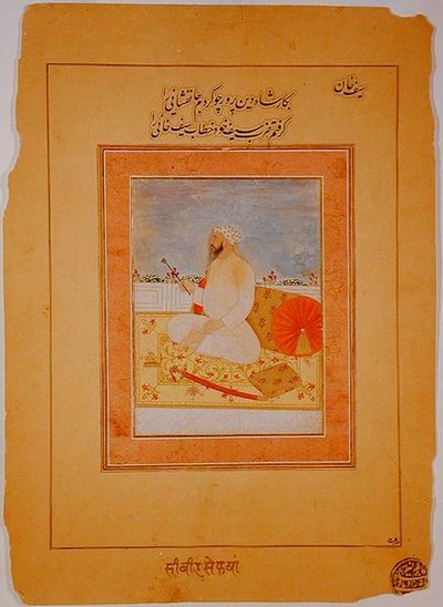 Miniatyr av Saif Khan, guvernør i Agra, indisk, ca. 1670-80 (ugjennomsiktige mineralpigmenter på brunpapir) av Indian School