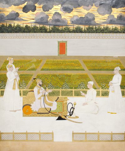 Mir Jaffar, Nawab fra Murshidabad, med en hoffmann og ledsagere, ca. 1760 (ugjennomsiktig wc og gull på papir) av Indian School
