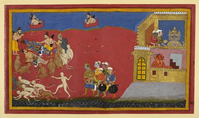 Aper feiler Vibhīṣaṇa for Indrajit; Nārada berømmer Nārāyaṇa mens Rāvaṇa spiser av Indian School