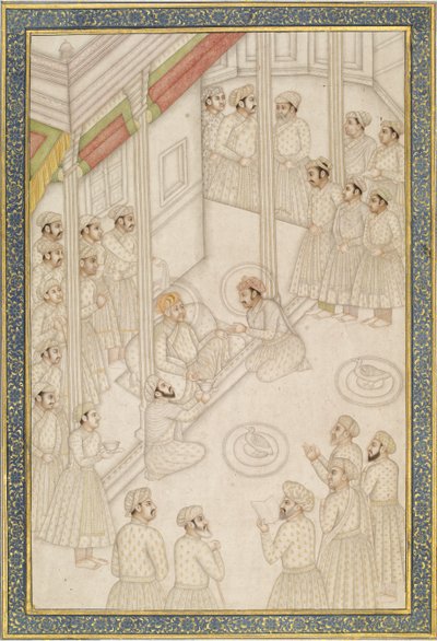 Mughal Emperor Akbar Holding Court under hans endelige sykdom, midten av 1700-tallet (albumblad; pigment med gull på polert papir) av Indian School