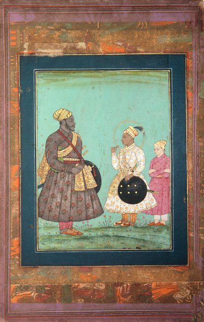 Murtaza Nizam Shah med en svart visir, muligens Malik Ambar, og en yngre mann, ca. 1680 (ugjennomsiktig akvarell og gull på papir) av Indian School