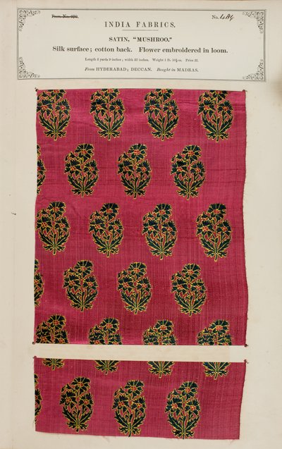 Mushroom sateng prøve fra Hyderabad i Deccan, fra The Collection of the Textile Manufacturers of India, av John Forbes Watson, utgitt i 1866 av Indian School
