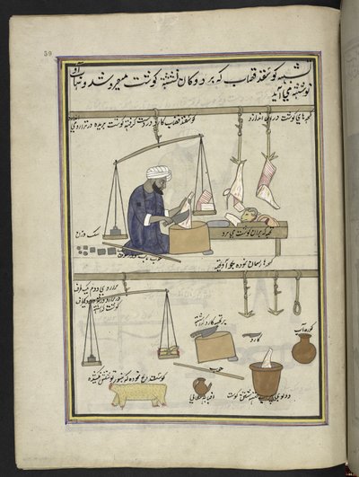 Fårekjøtt slakter,  86 tegninger bundet inn i et bind som viser handel og yrker i Kashmir, håndverkere vises i arbeid med redskaper og utstyr,  Av en Kashmir-kunstner, sannsynligvis i Srinagar, ca. 1850-60 (gouache på papir) av Indian School
