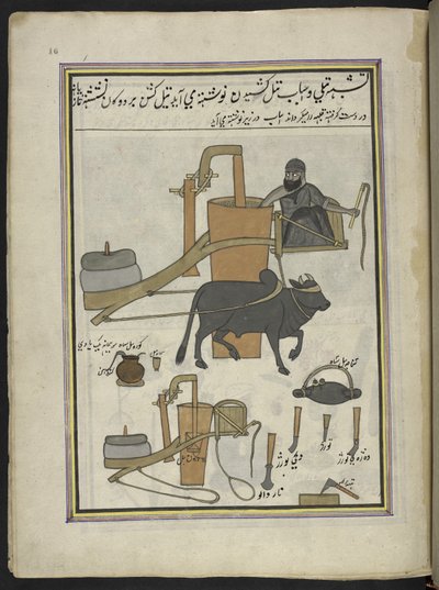 Oljepresser,  86 tegninger bundet inn i et bind som viser håndverk og yrker i Kashmir, håndverkere vises i arbeid med redskaper og utstyr,  Av en Kashmir-kunstner, sannsynligvis i Srinagar, ca. 1850-60 (gouache på papir) av Indian School