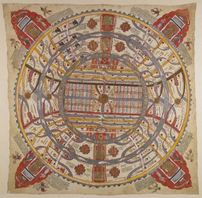 Eller 13937 f.1 A Diagram of the Universe, med sanskrit og gujarati tekst (akvarell på tøy) av Indian School