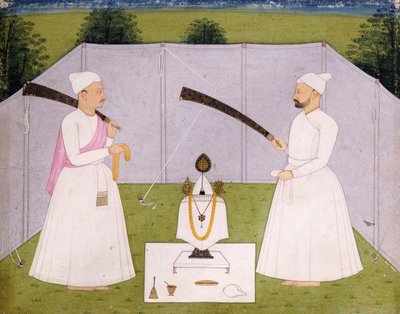 Pandits som deltar i Balwant Singhs personlige helligdom, ca. 1750 av Indian School