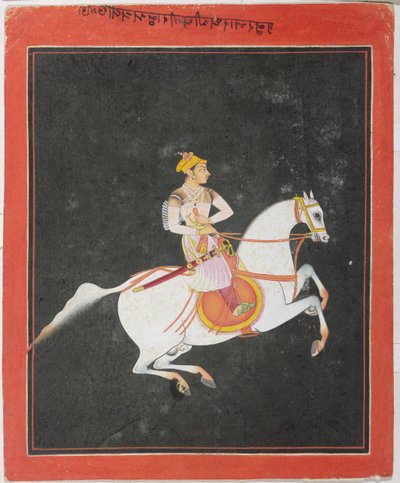 Portrett av Kunwar Baharat Singh på hesteryggen, av Utkalrama, innskrevet på toppen og baksiden i Devanagari, Bundi, Rajasthan, Rajput School av Indian School