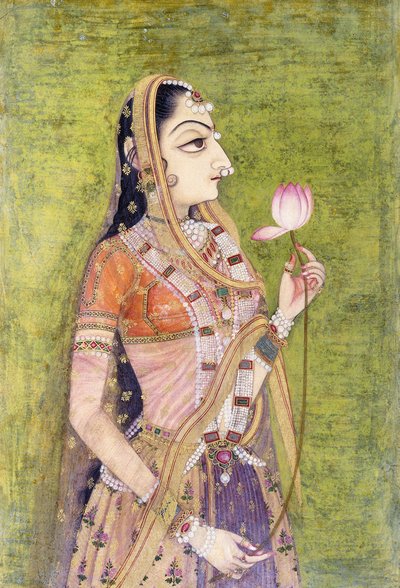 Portrett av en dame som holder en lotus, ca. 1740-1750 av Indian School