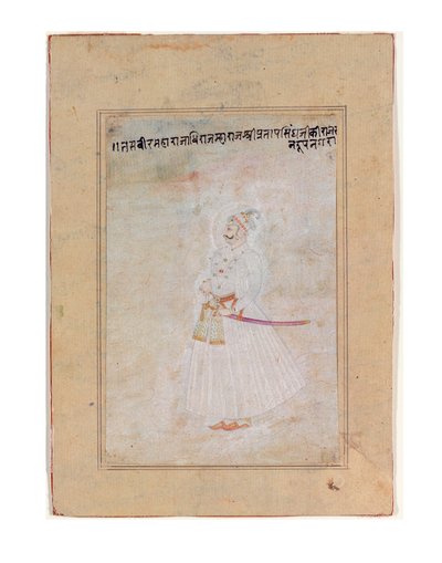 Portrett av en Rajput-linjal, stående, ca. 1770 (ugjennomsiktig wc og gull på papir) av Indian School
