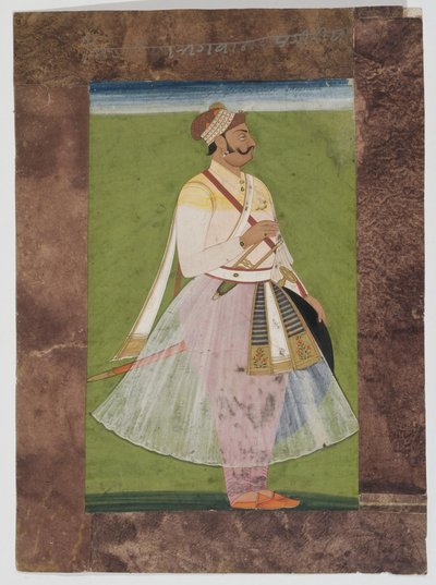 Portrett av Rathor-sjefen Bhagwan Das, av Mertia-klanen i Rian, Jodhpur, 1820 (montert gouache på indisk papir med sammensatt brunt papirkant) av Indian School