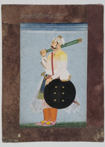 Portrett av Rathor-sjefen Ridmal, 1820 (montert gouache på indisk papir med sammensatt brun papirkant) av Indian School