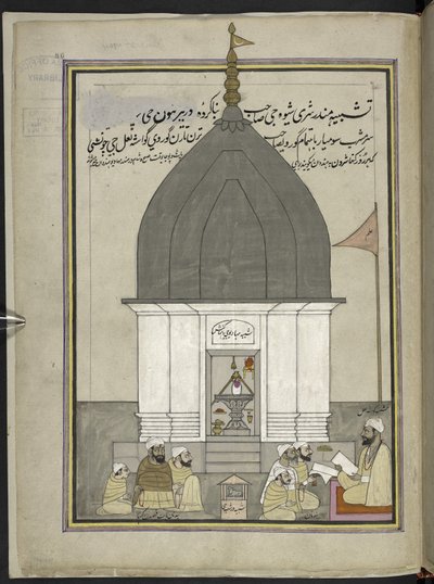 Prest og tilbedere ved Shiva-tempelet, Srinagar,  86 tegninger bundet inn i et bind som viser handel og yrker i Kashmir, håndverkere vises i arbeid med redskaper og utstyr,  Av en Kashmir-kunstner, sannsynligvis i Srinagar, ca. 1850-60 (gå av Indian School
