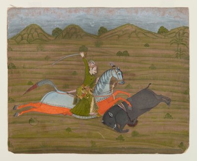 Prince Hunting Wild Boar (miniatyrmaleri), 1765 (ugjennomsiktig wc og gull på papir) av Indian School