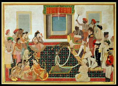 Prince Mahadaji Sindhia entertaining a British army officer and a naval officer to a nautch, c.1820 (gouache on paper)   1354436   no       norwegian Successfully Translated  Original: Sts. Pamphilius and Porphyrius; St. Blandina and Companions; St. Erasmu av Indian School