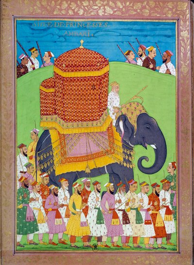 Prinsesse Palanquin på en elefant ved hoffet til Shah Alem Indiske og persiske miniatyrer i "" History of India from Tamertante to Orangreyb"" av Niccolo Manucci (1638-1717). B.N., Paris. av Indian School