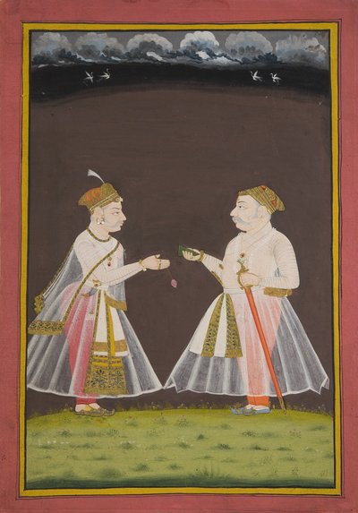 Sannsynligvis et portrett av Rana Raj Singh fra Udaipur (1661-81) som tilbyr pan til en adelsmann, 1820 av Indian School