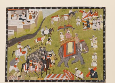 Prosesjon av en Raja på elefant med væpnet eskorte og holdere, 2. halvdel av 1800-tallet (gouache på papir) av Indian School